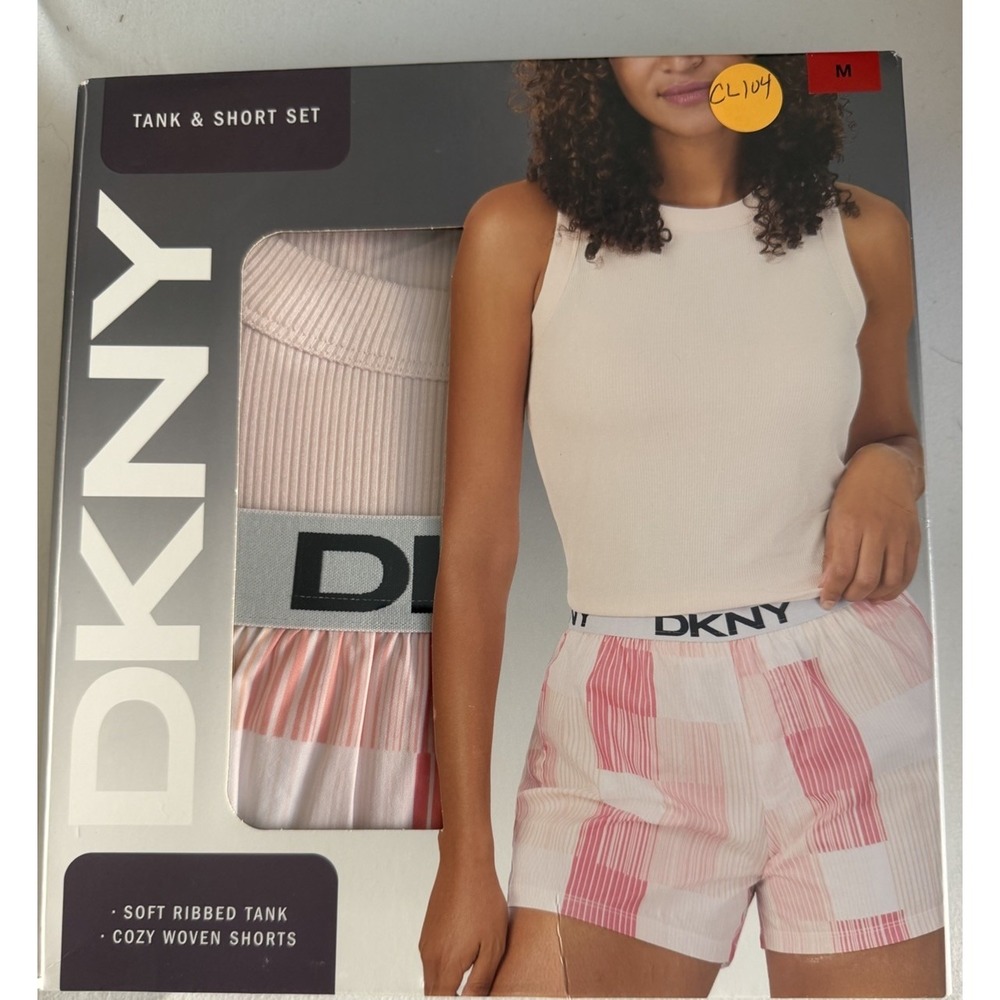 DKNY Womens Soft Ribbed Pink Tank Top w Plaid Printed Shorts Set Med. Size CL104